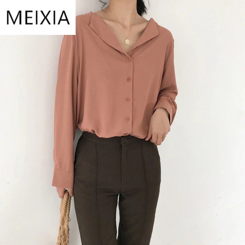 

MEIXIA Summer Autumn top Women blouse Casual Polyester shirt V-Neck Turn-down Collar 2 colors Top clothes Casual Chiffon shirts