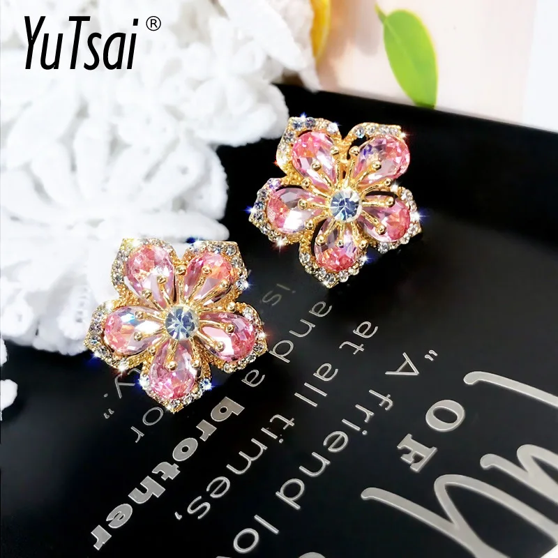 

YuTsai Crystal Peach Blossom Stud Earrings Delicate And Sweet Flower Earrings For Women Jewelry Accessories Gifts YT558