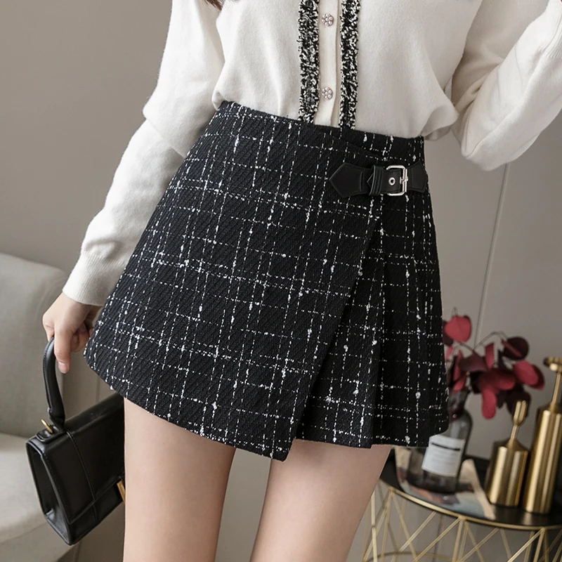 Юбка-мини шерстяная твидовая на молнии с высокой талией в складку винтажная