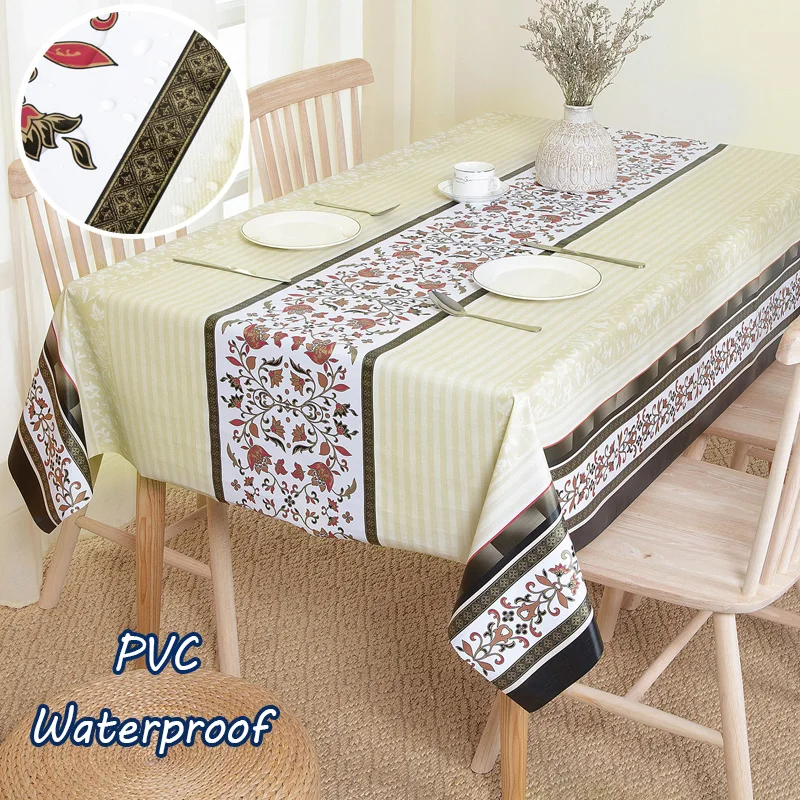 

Leaves Printed PVC Table Cloth Waterproof OilProof Tea Table Cover Pastoral Style Plaid Rectangular Plastic Christmas Tablecloth