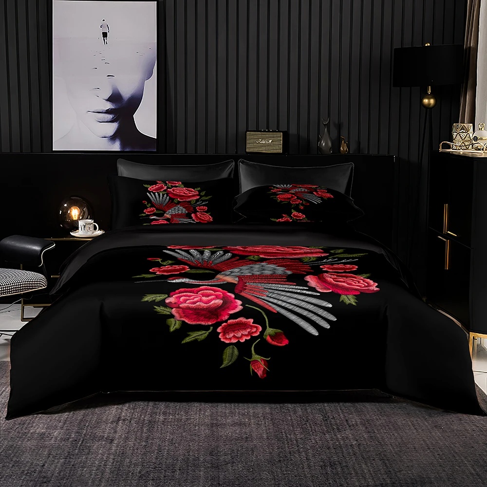 

Red Peony Print Duvet Cover Chinoiserie Bedding Set with Pillowcase,high Quality for Double King Queen Full Size Bed Set