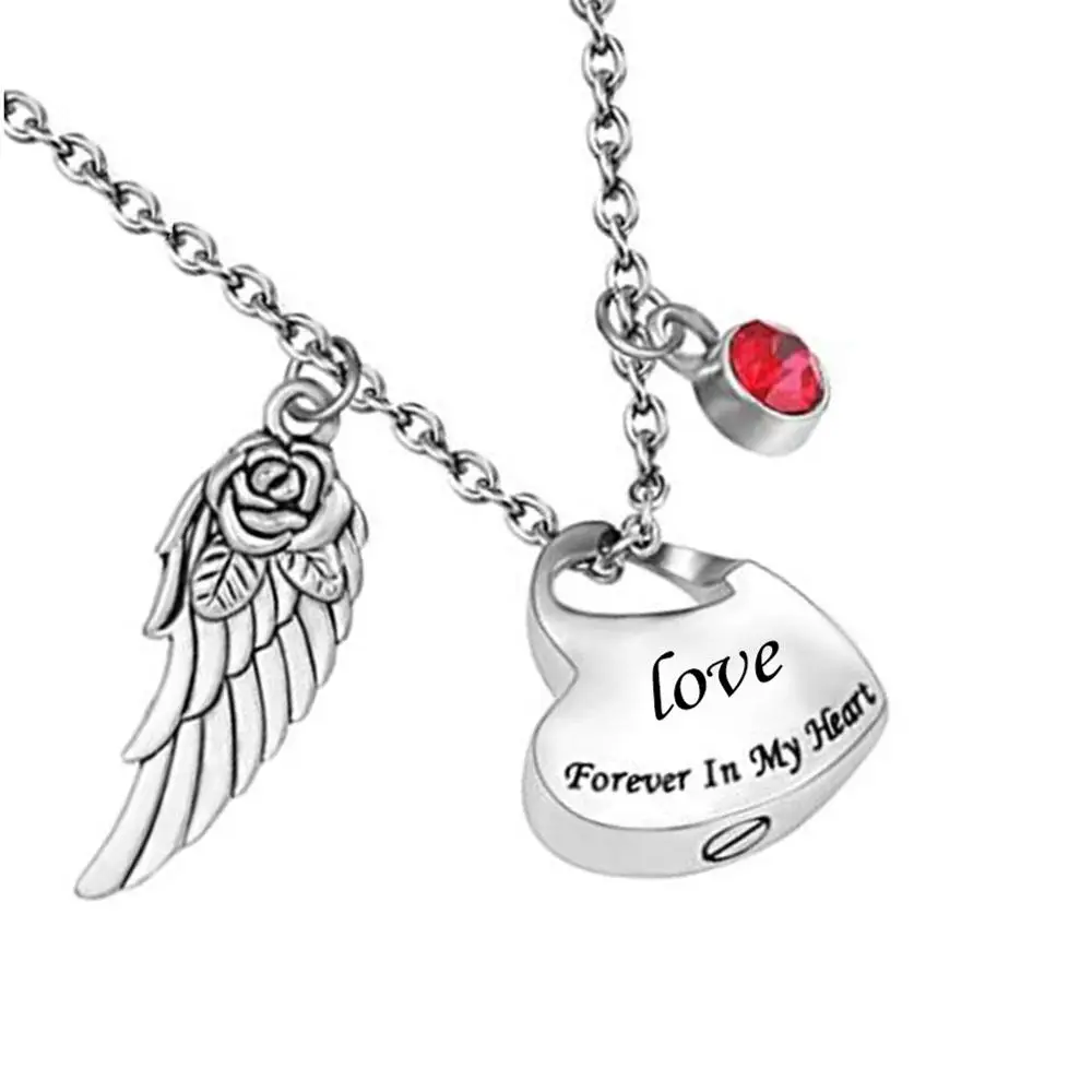 Stainless Steel Heart Cremation Urn Necklace with Angel Wing and Birthstones Ashes Jewelry Memorial Pendant- Forever in My | Украшения и