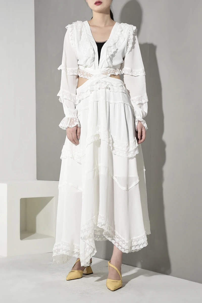 Женское платье с оборками DEAT летнее v образным вырезом и открытой спиной модель