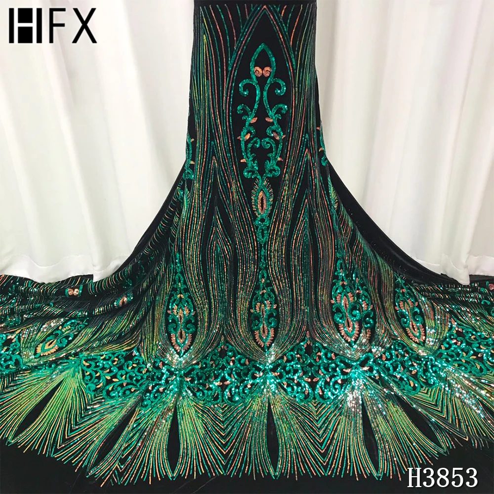 

HFX Blue Latest Velvet lace fabric 2020 high quality lace Luxury African Sequins Lace Fabric For Nigerian Party Dress F3853