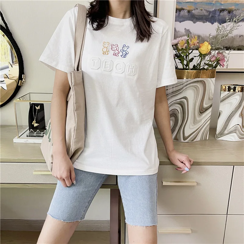 

2021 Summer New Korean Women Casual Fashion Simple Top Cartoon Letter Loose Short-Sleeved Ladies T-shirt Simple Pullover Tee