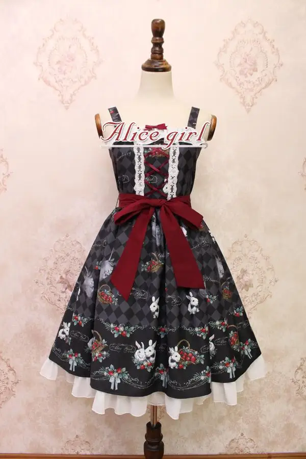 Платье в стиле Лолиты с принтом клубники и кролика; JSK; платье Alice Girl - Цвет: Черный