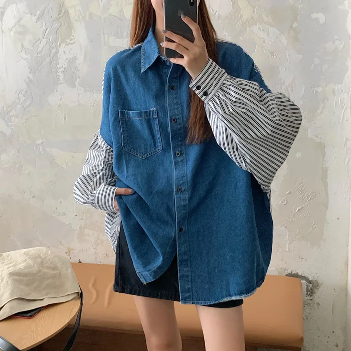 

Джинсовая рубашка, женские топы, модные Лоскутные Повседневные женские Полосатые блузки, рубашки с отложным воротником, женские топы, женск...