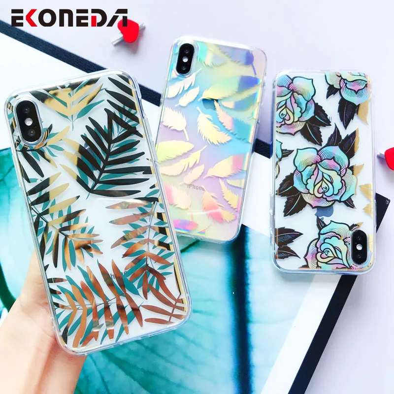 EKONEDA Laser Print Case For iPhone X XS Max XR Floral Leaf Feather 6S 7 8 Plus Silicone Soft Cover |