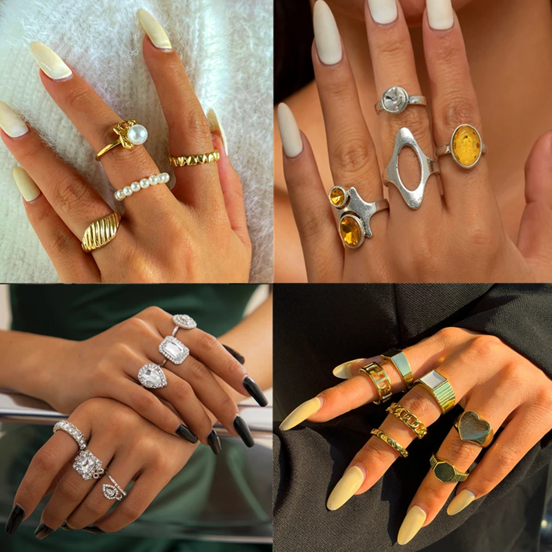 

Vintage Metal Colorful Rhinestones Resin Geometric Square love Round Rings Set for Women Girls Jewelry Party HUANZHI 2021