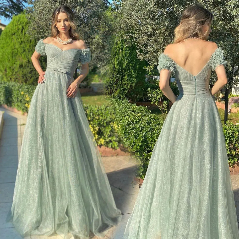 

New Sage Green Evening Dress A-Line Sweetheart Off Shoulder Tulle Bow Sashes Pleat Floor Length Court Train Party Prom Gown