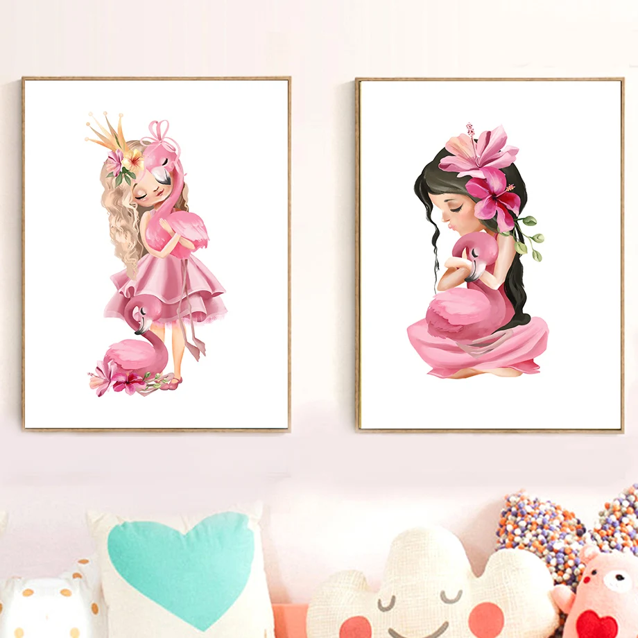 Декор для комнаты девочки Постер в скандинавском стиле розовые фламинго цветы