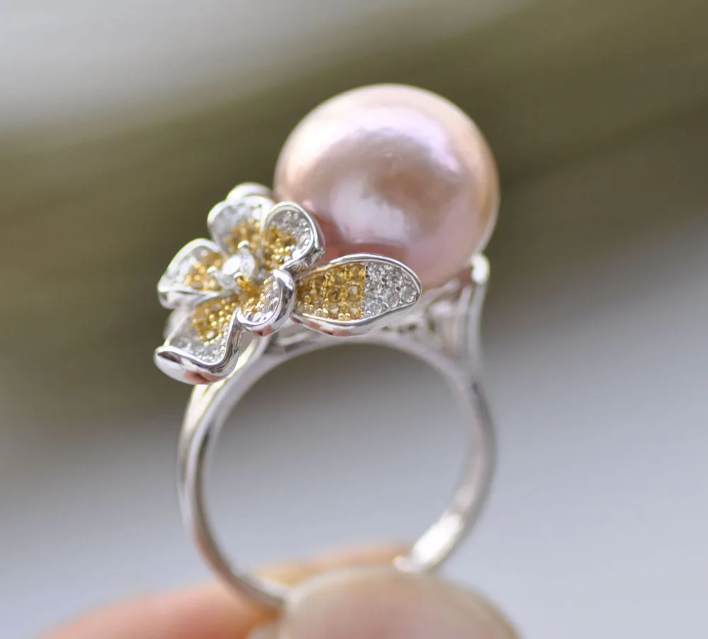 

P7736 Natural 13mm Lavender Round KESHI Edison Pearl Flower Ring