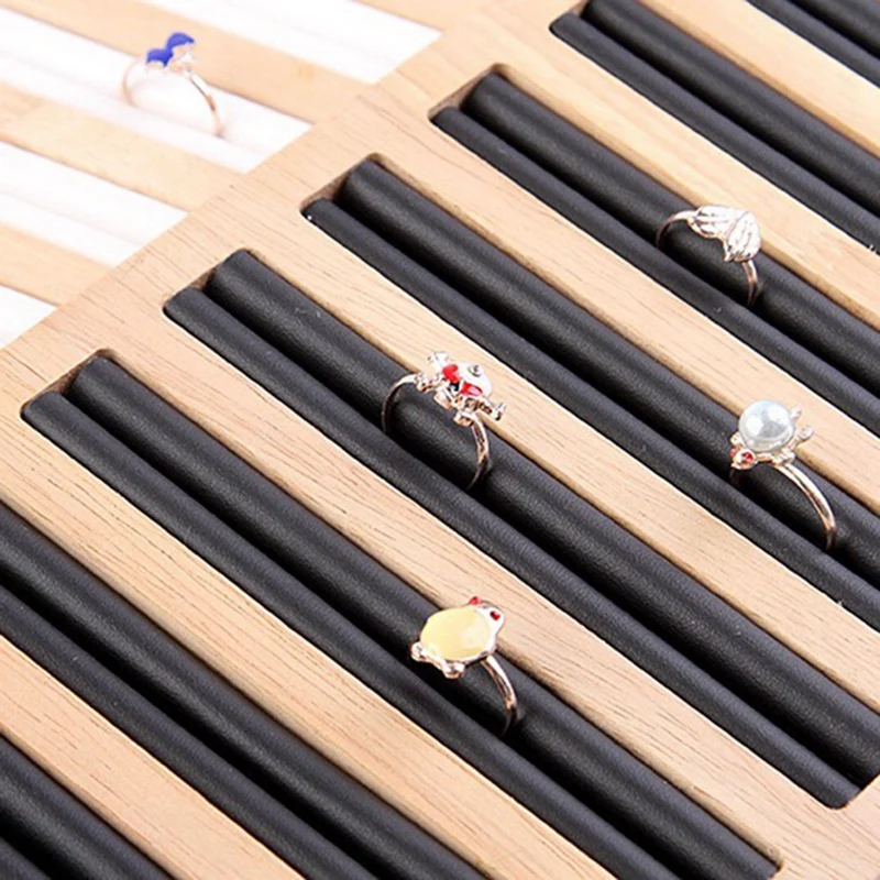 

2x Rectangle Ring Display Tray Bamboo PU Leather Jewelry Display Tray Ring Display Holder Black & White