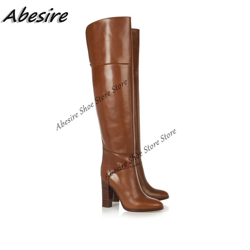 Abesire Long Boots Brown Slip On Wooden High Heel Round Toe Thigh High Boots Women Boots Solid New Autumn Winter Big Size Shoes