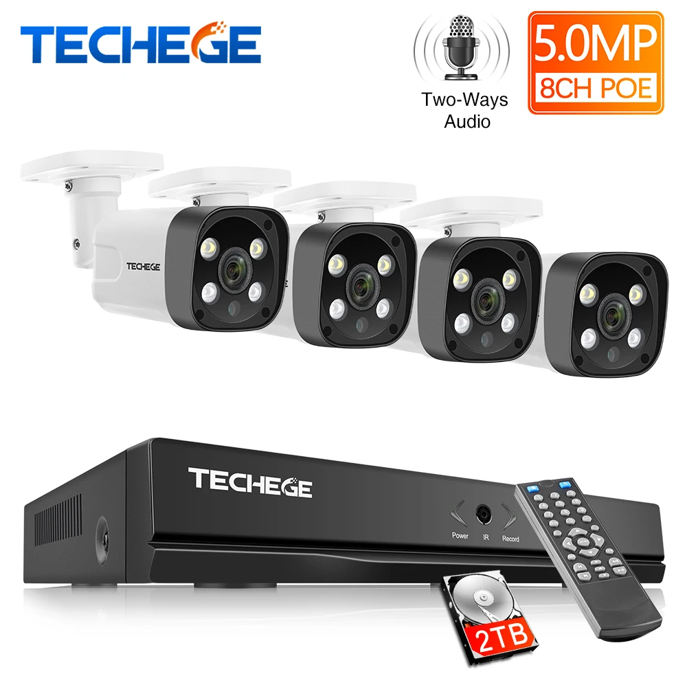 Techege 5MP Camera CCTV Kit 8CH POE NVR Two-way Audio Humanoid detection Waterproof Outdoor AI Camera IP Security System