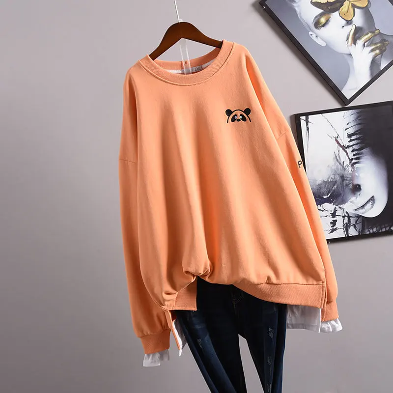 

2020 Autumn New Korean Women Simple Loose Oversize Cartoon Embroidery Long-sleeved Fake Two-piece T-shirt Top Free Shipping