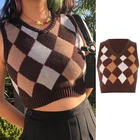 Жилет женский вязаный, контрастных цветов, коричневый, с узором ромбиками, в стиле 90-х, в стиле преппи, без рукавов, Осенний приталенный пуловер с V-образным вырезом