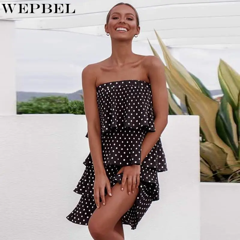 

WEPBEL Summer Fashion Polka Dot Laminated Ruffled Skirts Women's Casual High Waist Slim Mid-Calf Skirts