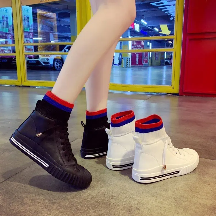 

2020 spring and autumn new fashion cross lace shell shoes color matching knitted yarn mouth trend high-top women's shoes X384