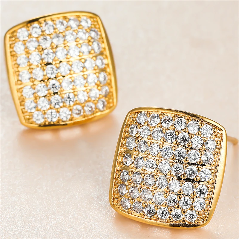 

Luxury Female Square Zircon Stone Earrings Charm Gold Color Stud Earrings For Women Vintage White Crystal Wedding Earrings