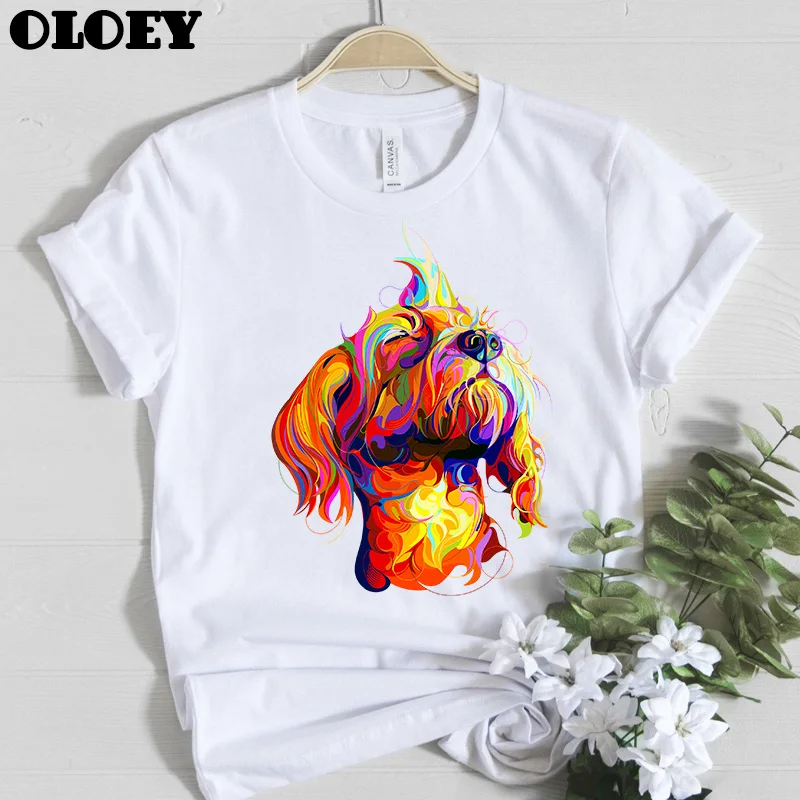 

Watercolor Dog Animal Print T shirt Women Clothes 2020 Harajuku Cotton Shirt Rainbow Dog Funny Tshirt Female Casual T-shirt tops