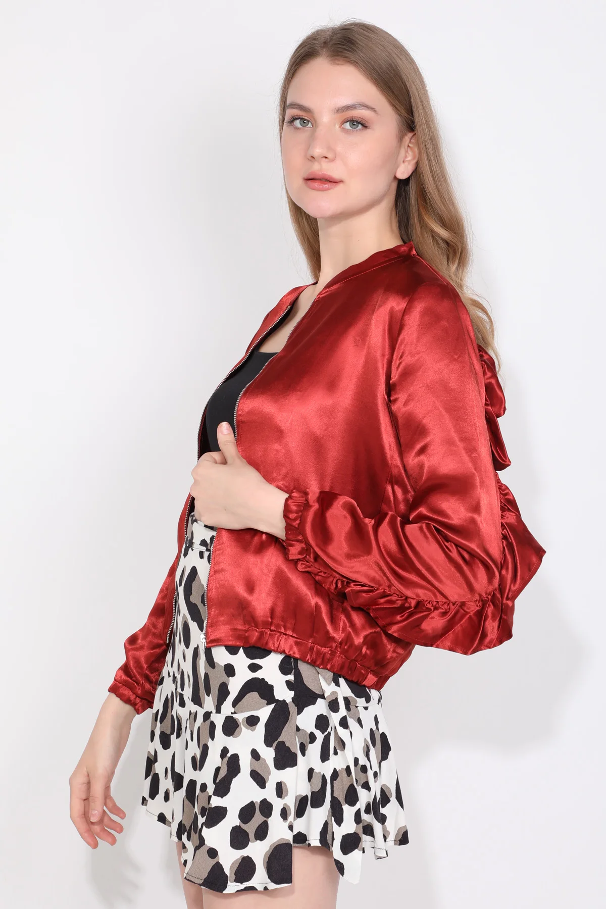 

Womens Tile Ruffle Detail Zipper Bomber Jacket