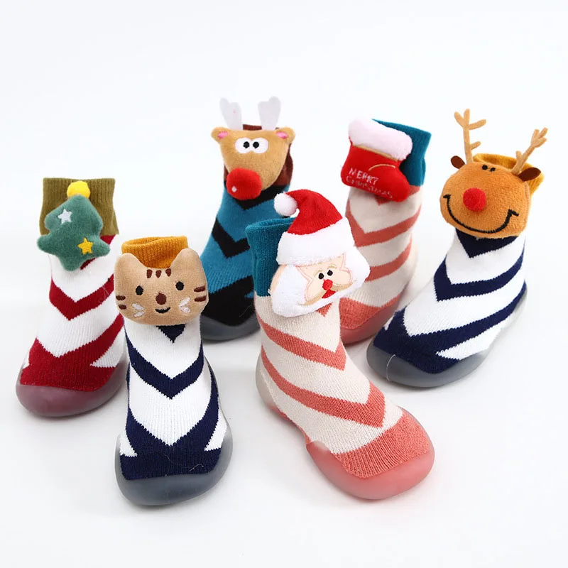 Зимняя обувь для малышей мягкая бархатная на подошве мультяшная рождественской