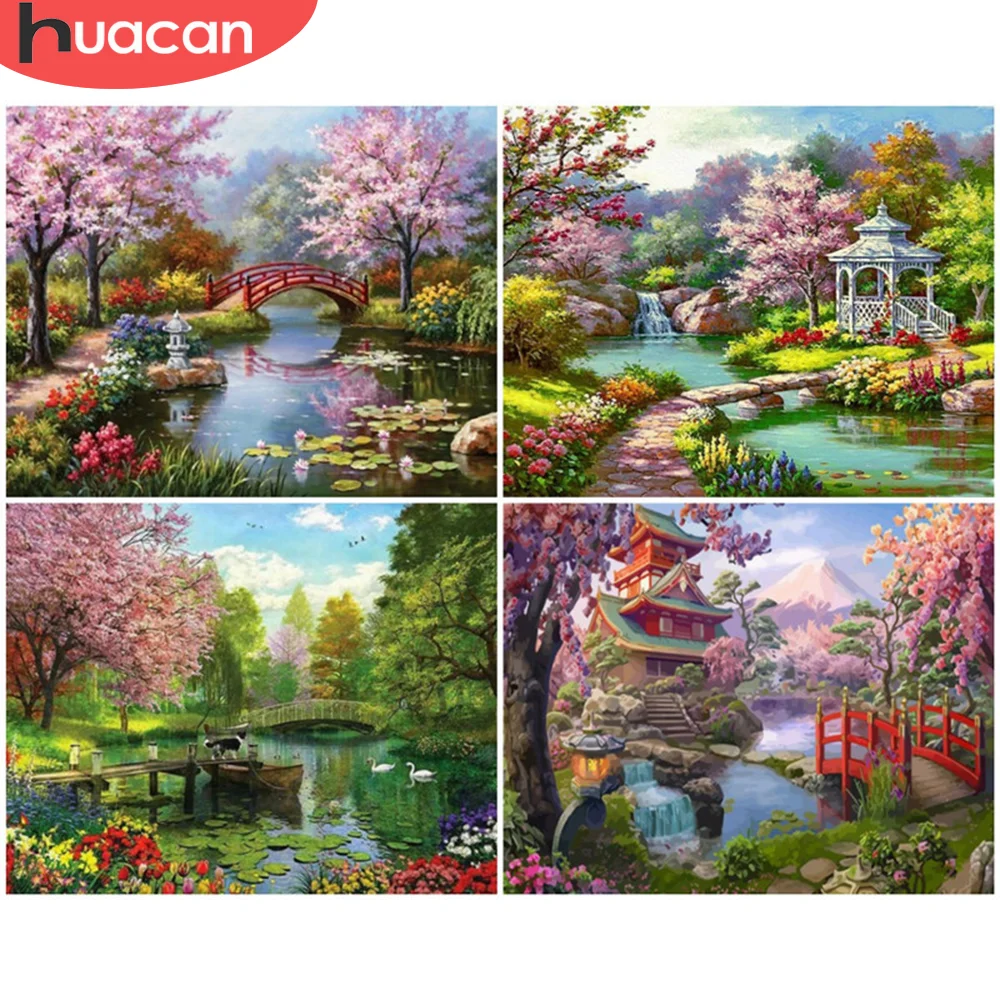

HUACAN Coloring By Number Bridge Scenery Handpainted Wall Art Painting By Numbers Canvas Cherry Flower Kits Room Decoration