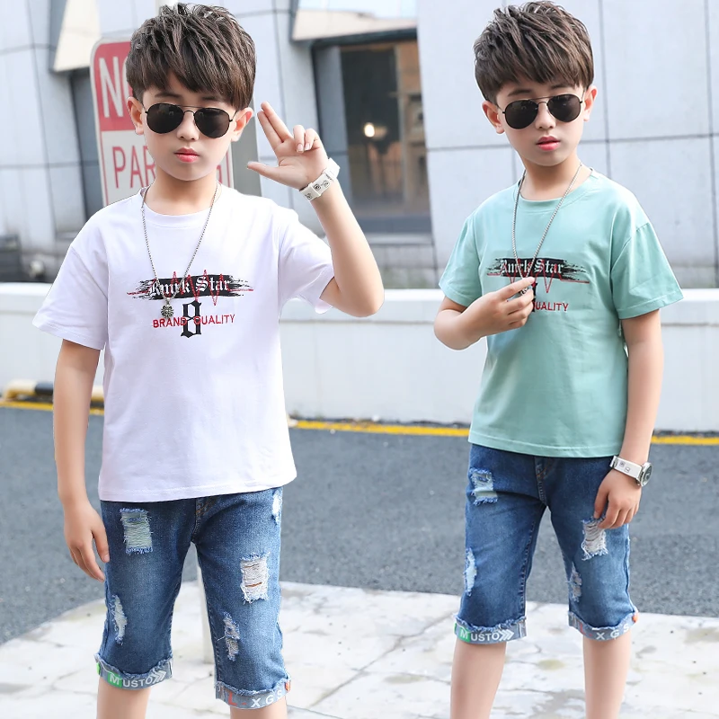 Children Cute Fashion Summer Kids Boy Clothes 2 Piece Set White T-Shirt Shredded Jeans 5-14 Years |