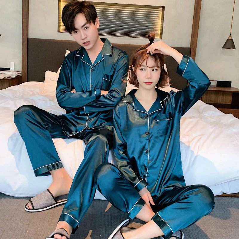 Champagne Couple Silk Satin Pajamas Pyjamas Set Long Sleeve Sleepwear Pijama Pajamas Suit Women And Man Sleep 2PC Set Loungewear