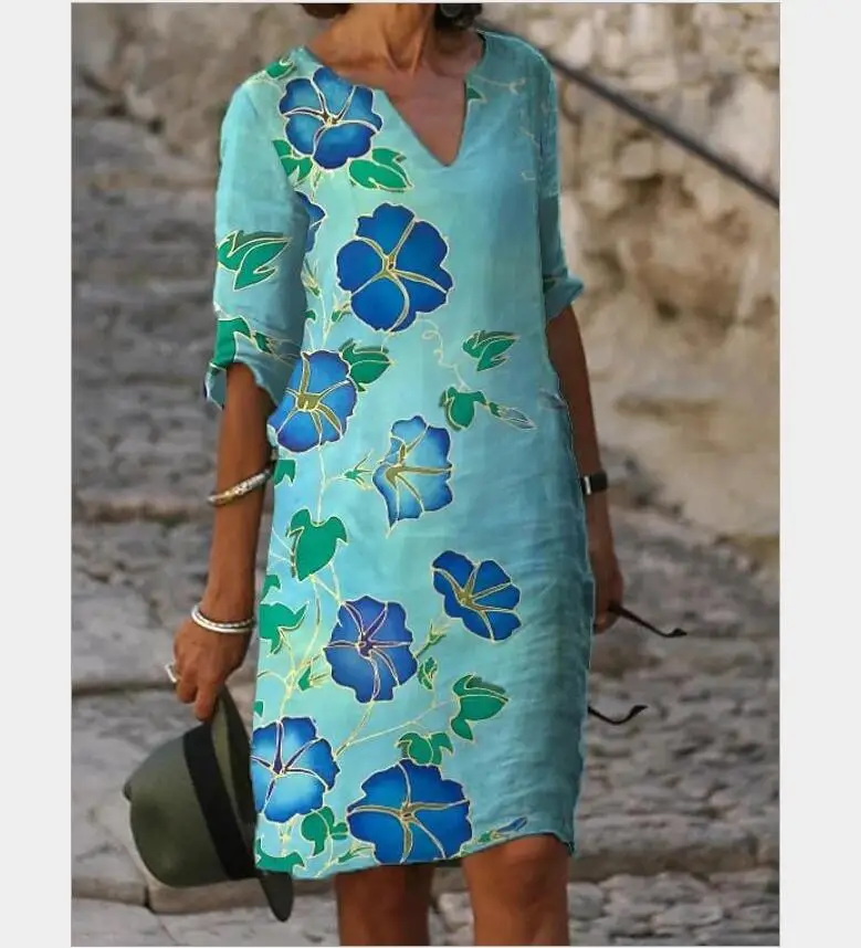 2021  New  Women Printing Dress Summer V-Neck Half Sleeve A-Line Dresses Female Retro litera Vintage Loose Dress Vestidos