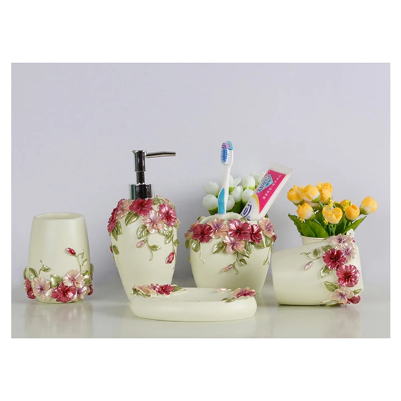 Кантри Стиль смолы 5 шт набор аксессуаров для ванной комнаты дозатор