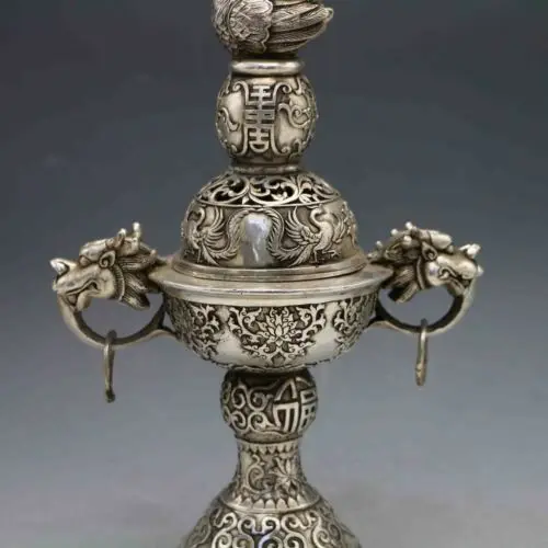 

Exquisite OLD Tibetan silver Hand-Carved 2 Dragon Incense Burner & Peacock Lid