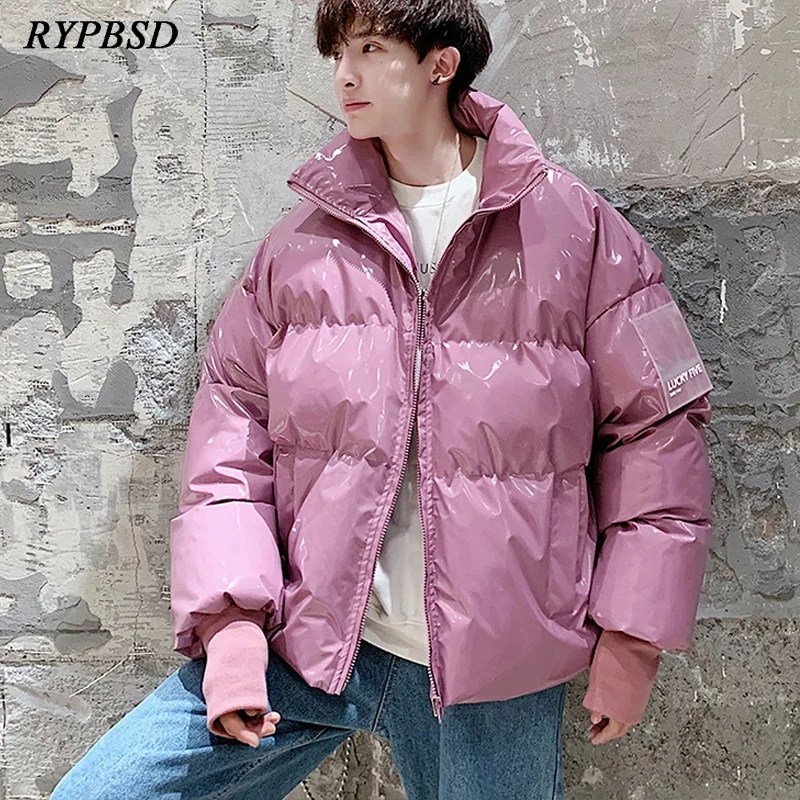 

Shiny Pink Winter Parka Jacket Men 2020 Fashion Stand Collar Warm Bubble Coat PU Puffer Jacket Women Clothing Hip Hop Korean