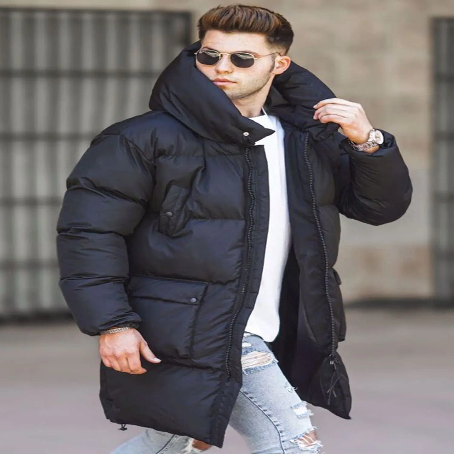 Black Inflatable Long Coats Winter warm men jacket coat casual autumn stand collar puffer thick şapka down filled jacket male