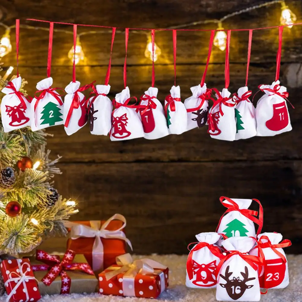 

24PCS Christmas Advent Calendar Countdown Bags Velvet Drawstring Candy Gift Pouch With Rope New Year Advent Calendar Bags