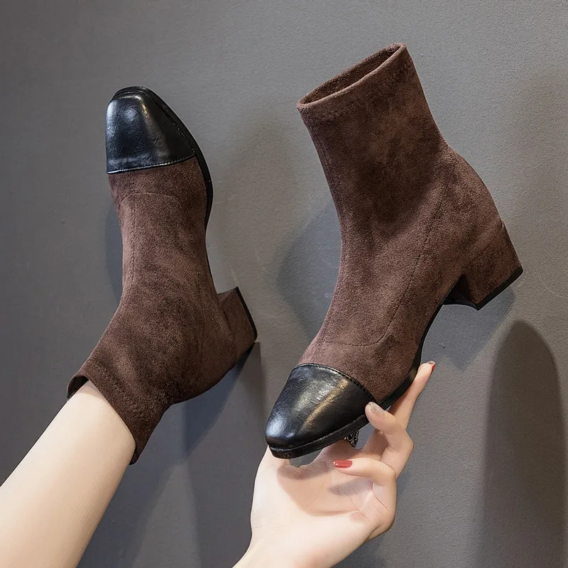 

Boots Women Shoes Autumn Winter Footwear Boots-Women High Heel Rubber Ladies 2021 Ankle Med Rock Lace-Up Basic Solid Square Toe