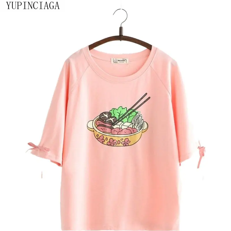 Harajuku футболка женская в Корейском стиле хлопковая Футболка с принтом Foodcat 2020