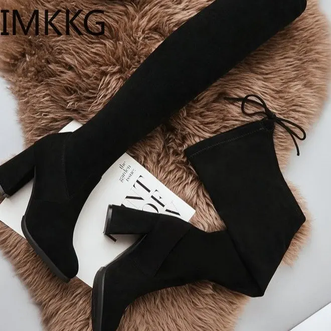 Черные Сапоги выше колена женские сапоги на высоком квадратном каблуке модные