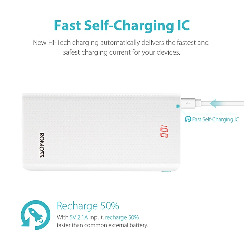 Внешний аккумулятор ROMOSS Sense 6 ёмкость 20000мАч 2 выходных порта USB LED дисплей
