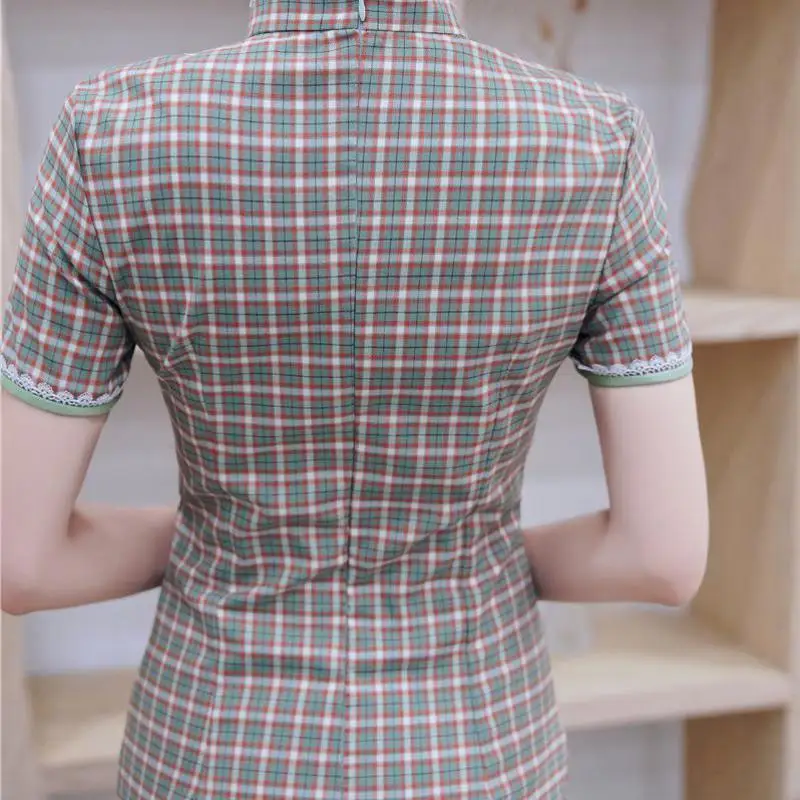 

Cotton Linen Yellow Plaid Young Women Cheomgsam Vintage Vestidso Elegant Mandarin Collar Chinese Dress Sexy High Split Qipao