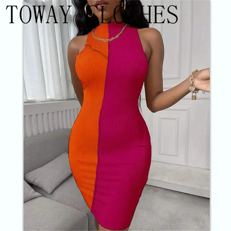 

O-neck Colorblock Sleeveless Bodycon Dress Mini Summer Dresses For Women 2021