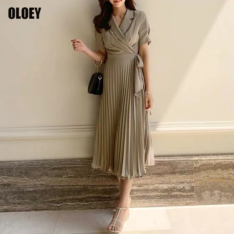 

Vintage with Sashes 2021 New Short Sleeve Summer Pleated Chiffon Dress Notched Blazer Dress Elegant Office Lady Long Midi Dress