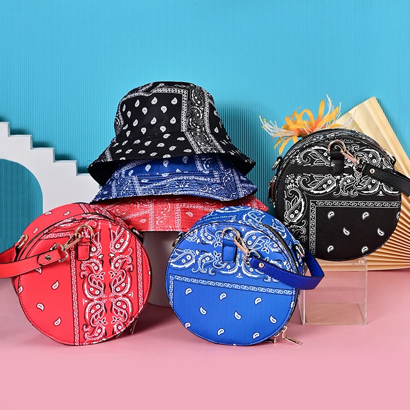 

Women Round Handbags Cashew Flower Pattern Leather Crossbody Purses And Ladies Shoulder Bags Match Bucket Hat Sets