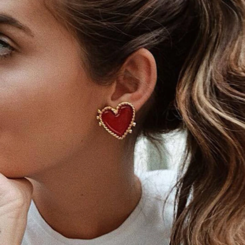 Серьги гвоздики Tocona в Корейском стиле золотистые и красные сердца модные большие