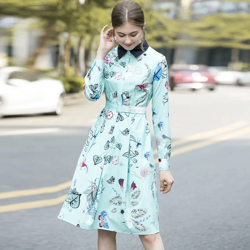 

Elegant Floral Printed Dress Women's Autumn New Polo Collar Waist-Slimming Belt Long Sleeve Fashionable Elegant Midi Dress