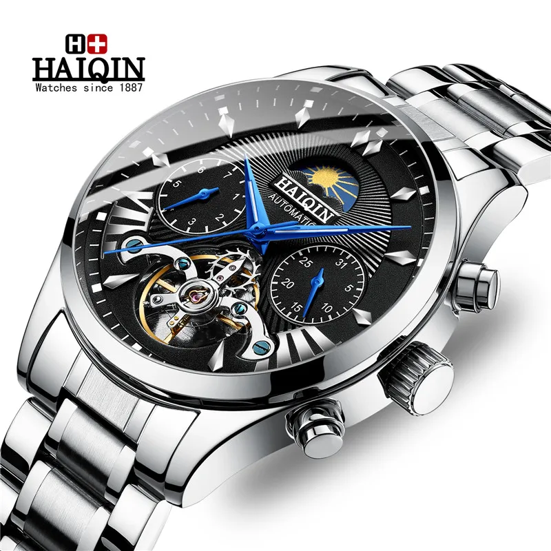 Часы Автоматические Мужские HAIQIN брендовые Роскошные спортивные стальные в стиле