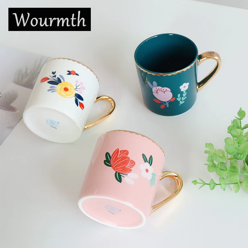 

Wourmth Ceramic Phnom Penh Coffee Mugs Beautiful Flower Afternoon Tea cup Golden Handle Light Luxury National Style Drinkware