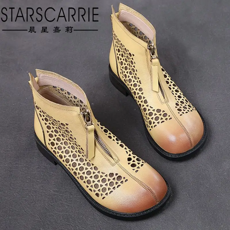 

2021 spring new cool boots leather women's shoes short boots middle top low heel women's shoes side zipper hollow boots