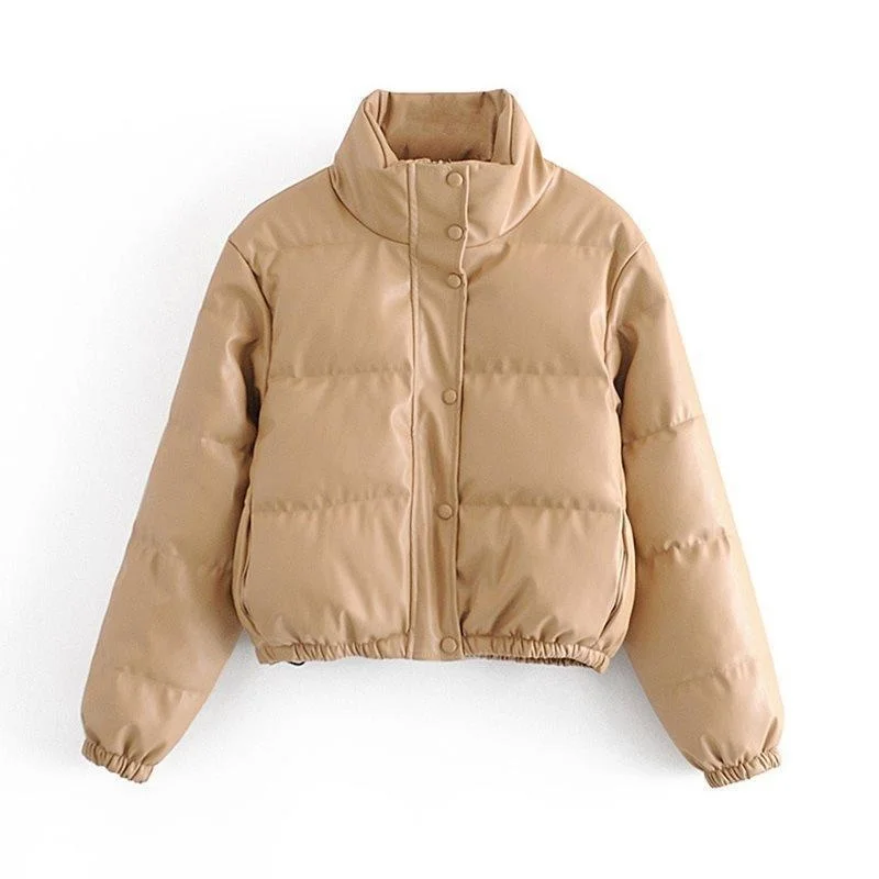 

Thickened cotton jacket with stand collar Baseball Jacket Women's short size loose PU leather jacket cotton padded bread jacket